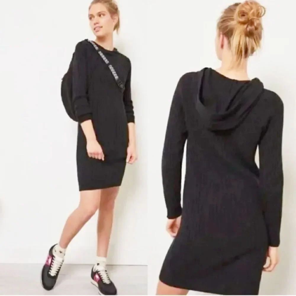 Anthropologie Saturday Sunday ribbed hooded sweater dress in black NWT small